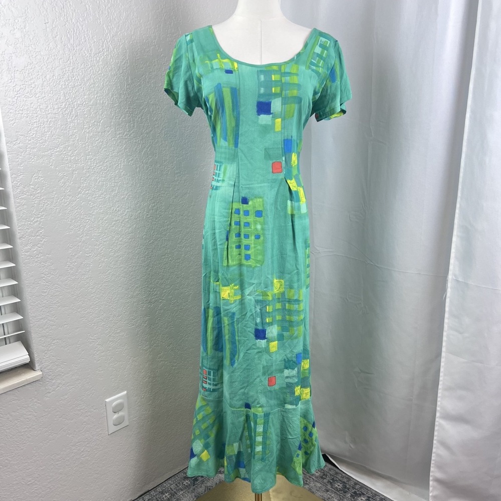 Vintage Jams World Midi Dress Womens Small Green Abstract Path Hawaiian Artsy